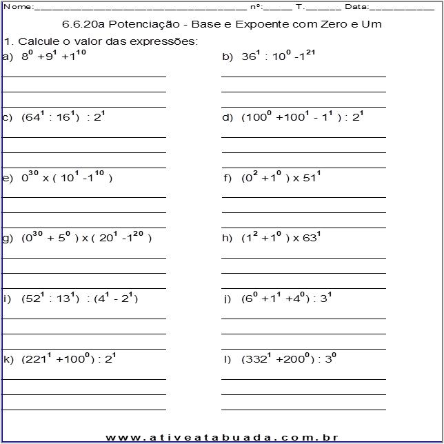 Atividade 6.6.20a Potenciação - Base e Expoente com Zero e Um