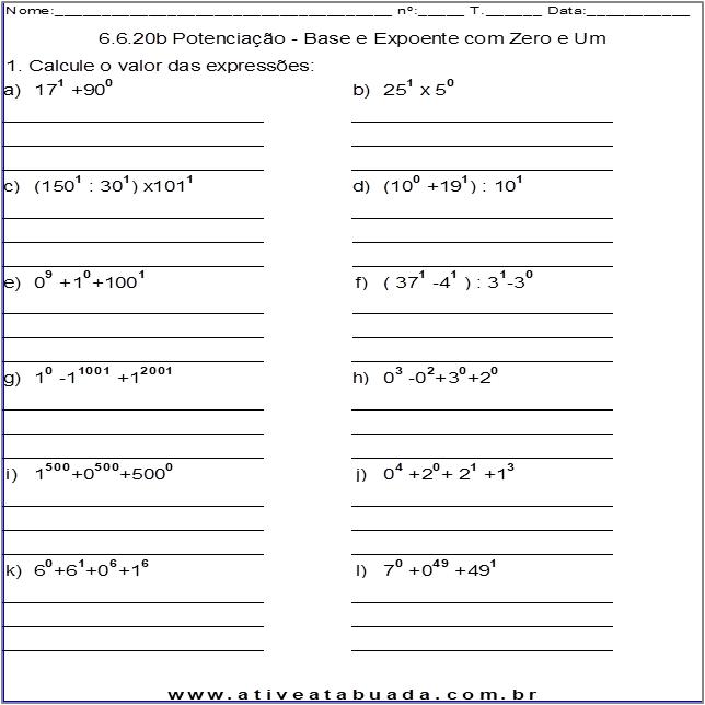 Atividade 6.6.20b Potenciação - Base e Expoente com Zero e Um