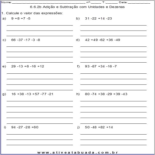 Atividade 6.6.2b Adição e Subtração com Unidades e Dezenas