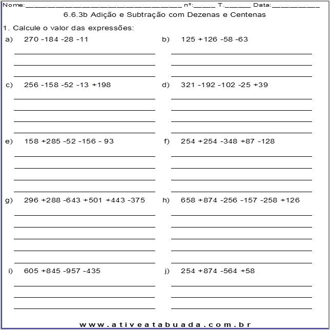 Atividade 6.6.3b Adição e Subtração com Dezenas e Centenas