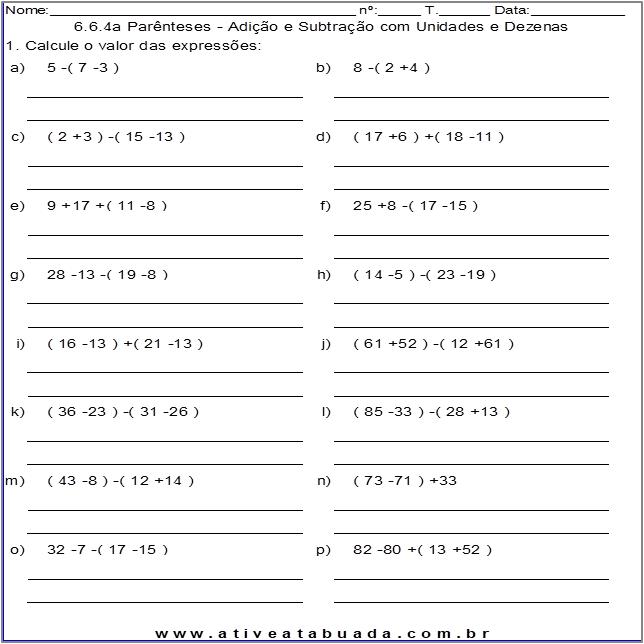 Atividade 6.6.4a Parênteses - Adição e Subtração com Unidades e Dezenas