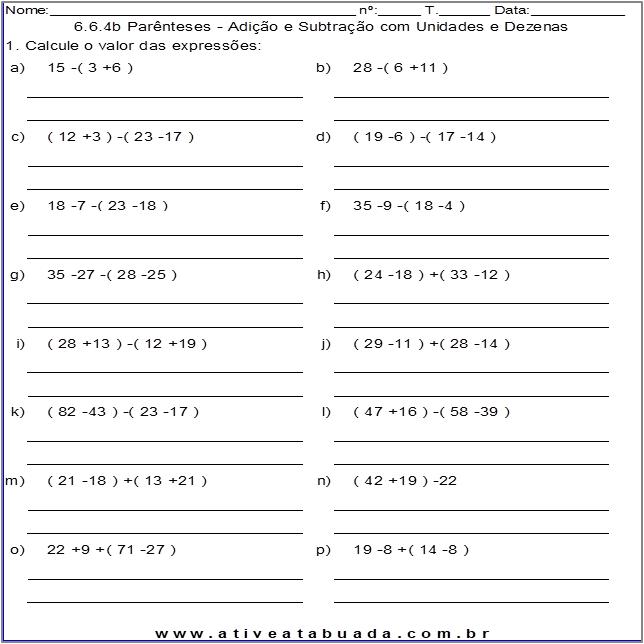 Atividade 6.6.4b Parênteses - Adição e Subtração com Unidades e Dezenas