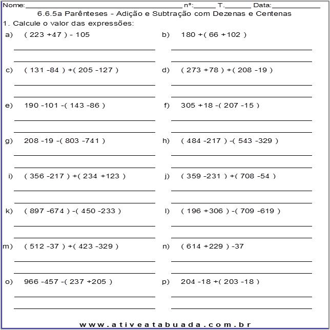 Atividade 6.6.5a Parênteses - Adição e Subtração com Dezenas e Centenas