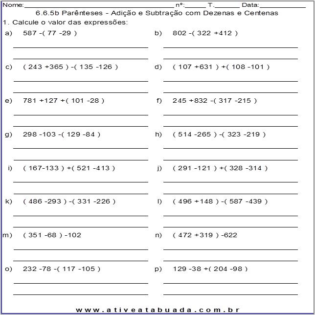 Atividade 6.6.5b Parênteses - Adição e Subtração com Dezenas e Centenas
