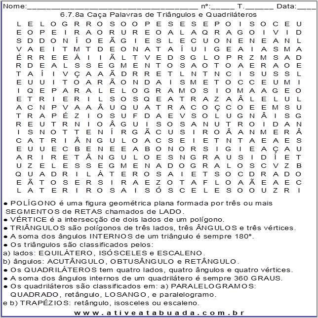 Atividade 6.7.8a Caça Palavras de Triângulos e Quadriláteros