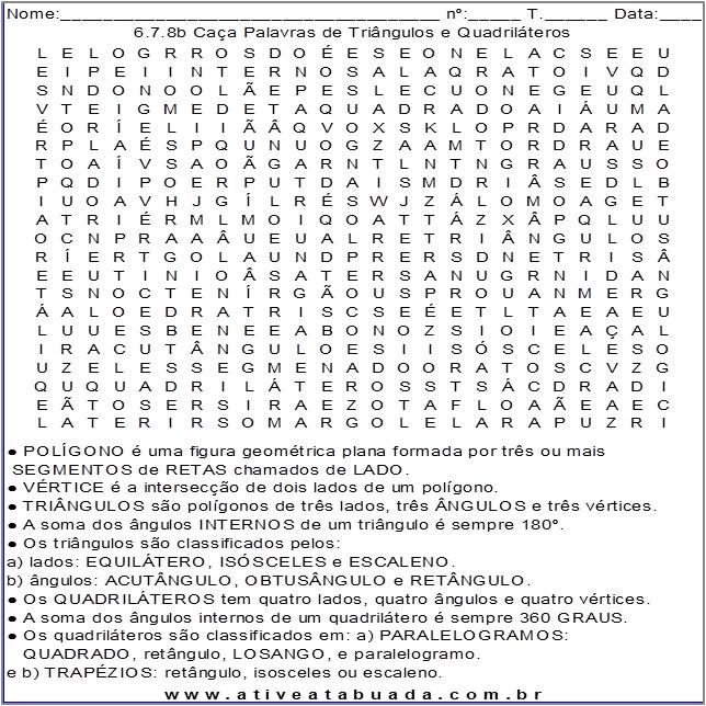 Atividade 6.7.8b Caça Palavras de Triângulos e Quadriláteros