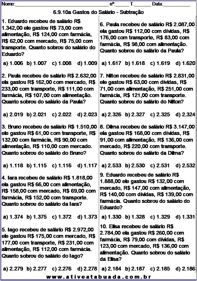 Atividade 6.9.10a Gastos do Salário - Subtração