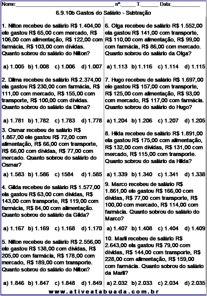 Atividade 6.9.10b Gastos do Salário - Subtração