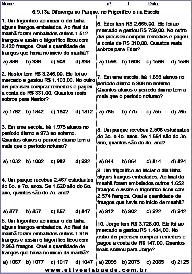 Atividade 6.9.13a Diferença no Parque, no Frigorífico e na Escola