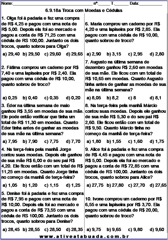 Atividade 6.9.18a Troca com Moedas e Cédulas