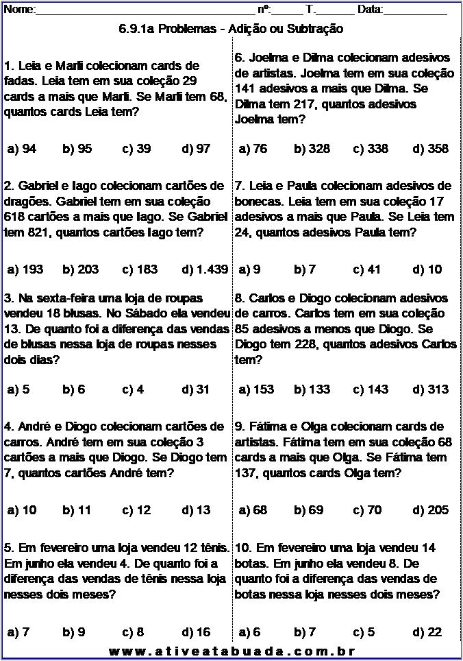 Atividade 6.9.1a Problemas - Adição ou Subtração