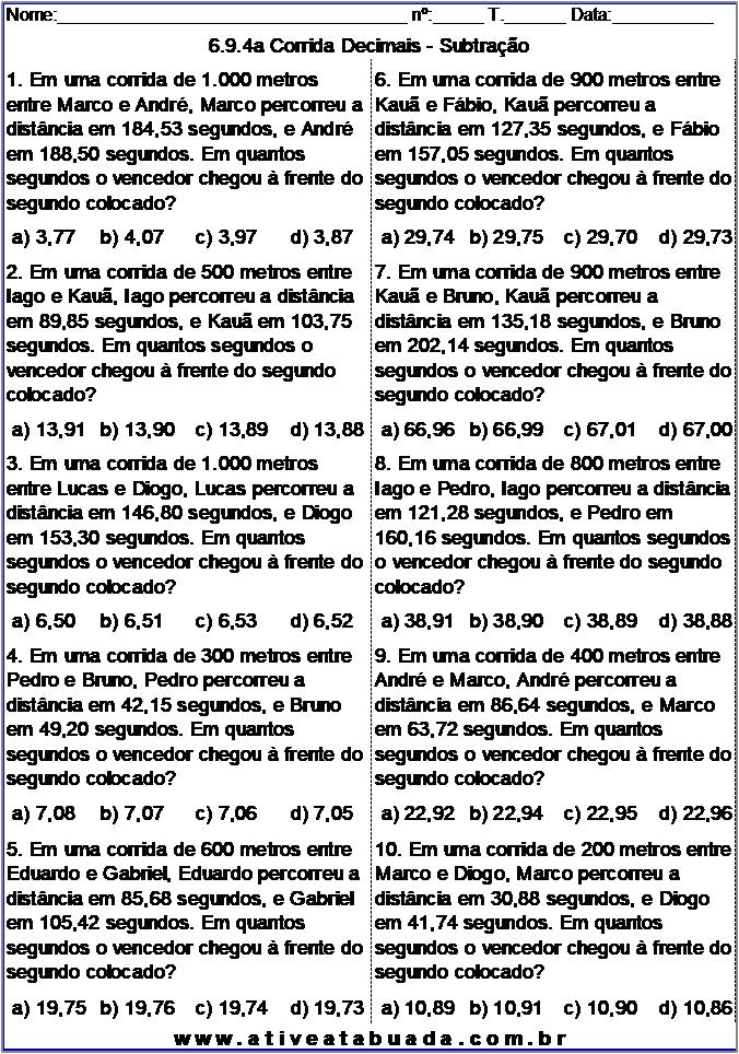 Atividade 6.9.4a Corrida Decimais - Subtração