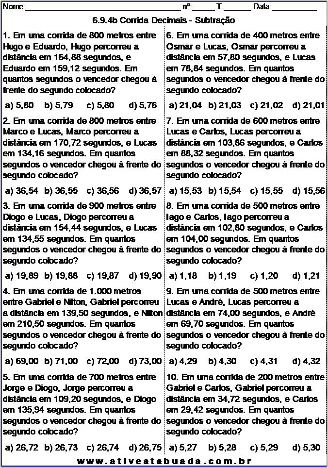 Atividade 6.9.4b Corrida Decimais - Subtração