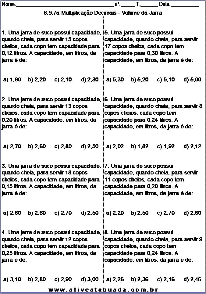 Atividade 6.9.7a Multiplicação Decimais - Volume da Jarra