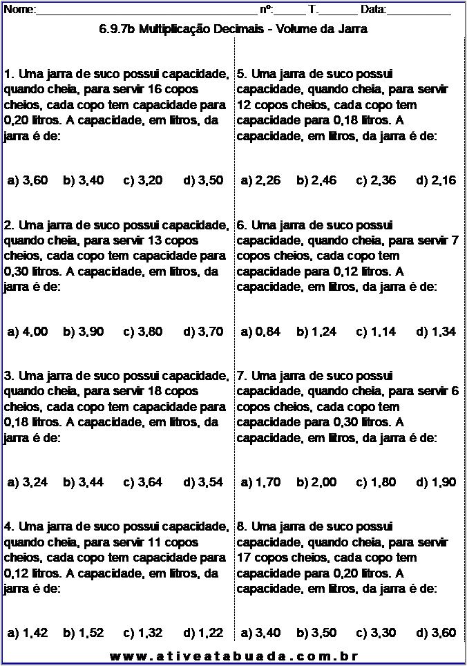 Atividade 6.9.7b Multiplicação Decimais - Volume da Jarra