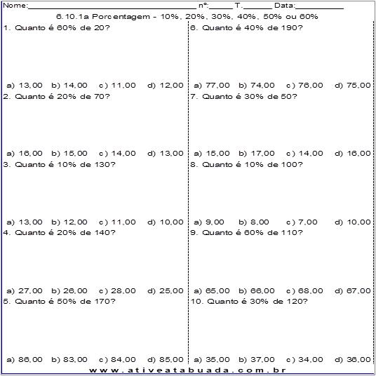 Atividade 6.10.1a Porcentagem - 10%, 20%, 30%, 40%, 50% ou 60%