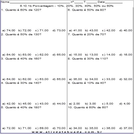 Atividade 6.10.1b Porcentagem - 10%, 20%, 30%, 40%, 50% ou 60%