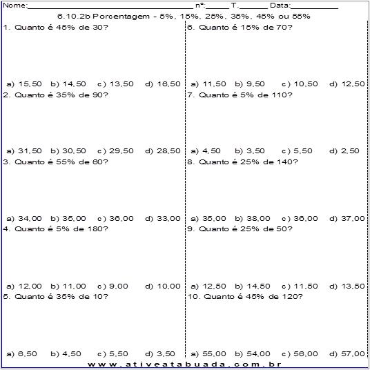 Atividade 6.10.2b Porcentagem - 5%, 15%, 25%, 35%, 45% ou 55%