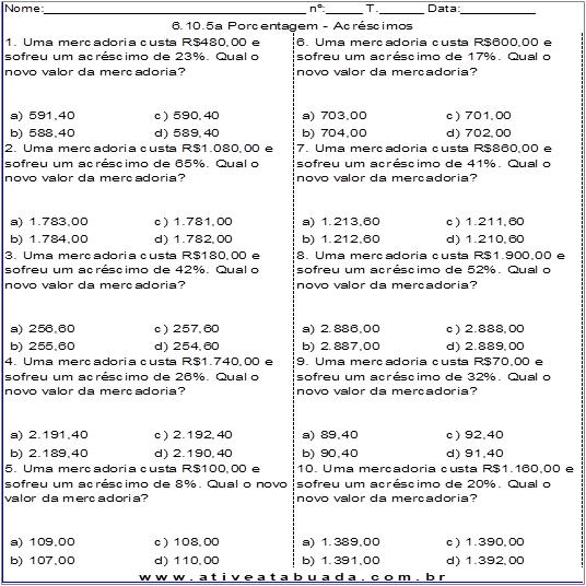 Atividade 6.10.5a Porcentagem - Acréscimos