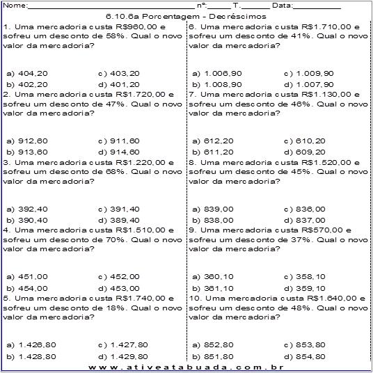 Atividade 6.10.6a Porcentagem - Decréscimos
