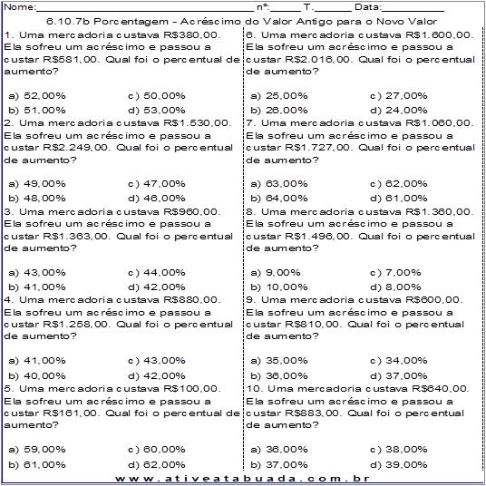 Atividade 6.10.7b Porcentagem - Acréscimo do Valor Antigo para o Novo Valor