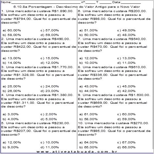 Atividade 6.10.8a Porcentagem - Decréscimo do Valor Antigo para o Novo Valor