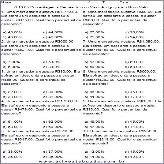 Atividade 6.10.8b Porcentagem - Decréscimo do Valor Antigo para o Novo Valor