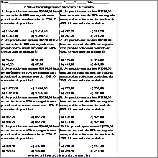 Atividade 6.10.9a Porcentagem com Aumentos e Descontos