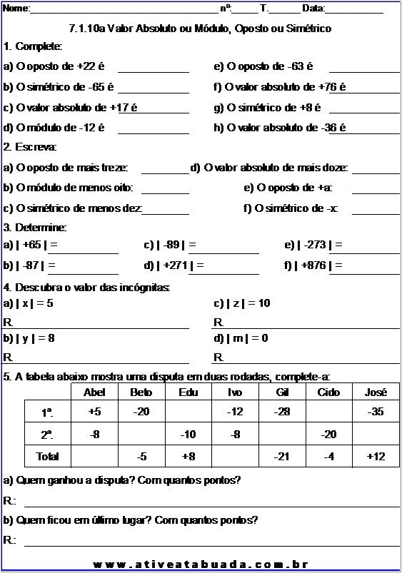 Atividade 7.1.10a Valor Absoluto ou Módulo, Oposto ou Simétrico