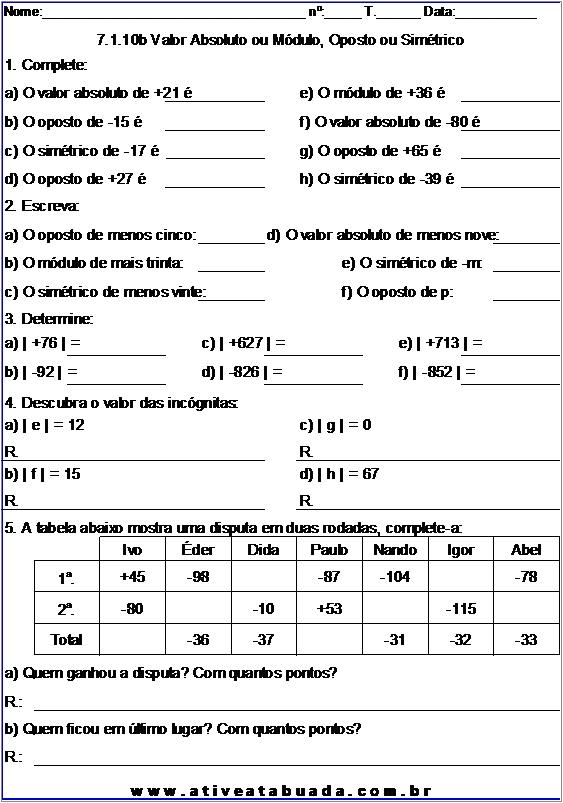 Atividade 7.1.10b Valor Absoluto ou Módulo, Oposto ou Simétrico