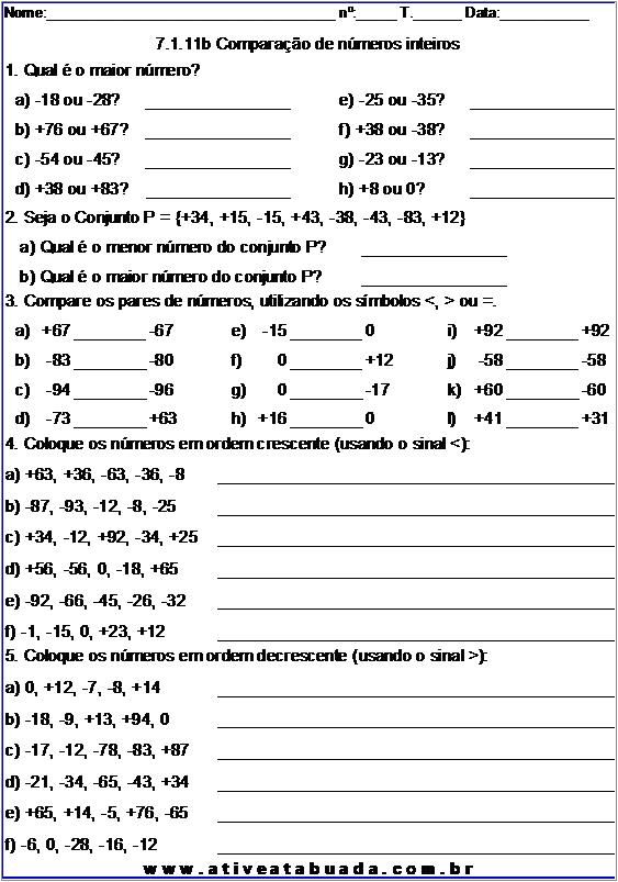 Atividade 7.1.11b Comparação de números inteiros