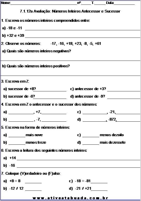 Atividade 7.1.12a Avaliação: Números Inteiros Antecessor e Sucessor