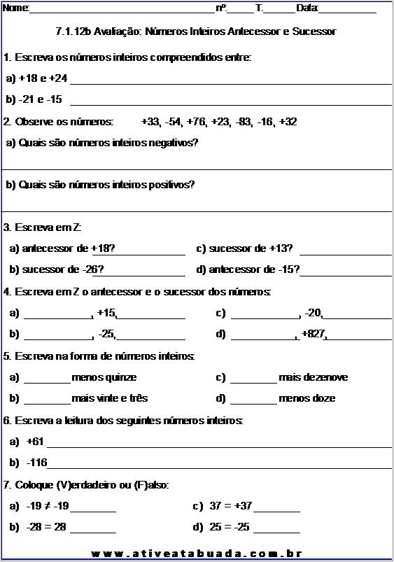 Atividade 7.1.12b Avaliação: Números Inteiros Antecessor e Sucessor