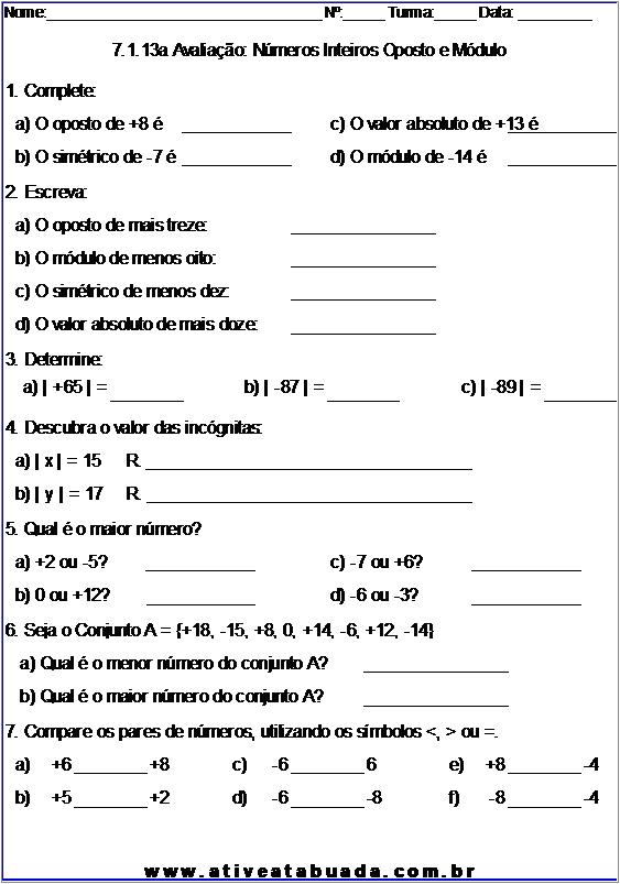 Atividade 7.1.13a Avaliação: Números Inteiros Oposto e Módulo