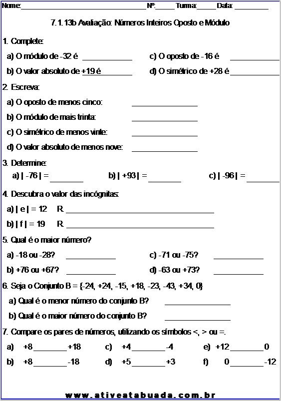 Atividade 7.1.13b Avaliação: Números Inteiros Oposto e Módulo