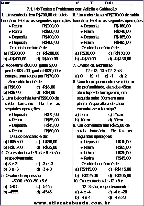 Atividade 7.1.14b Testes e Problemas com Adição e Subtração