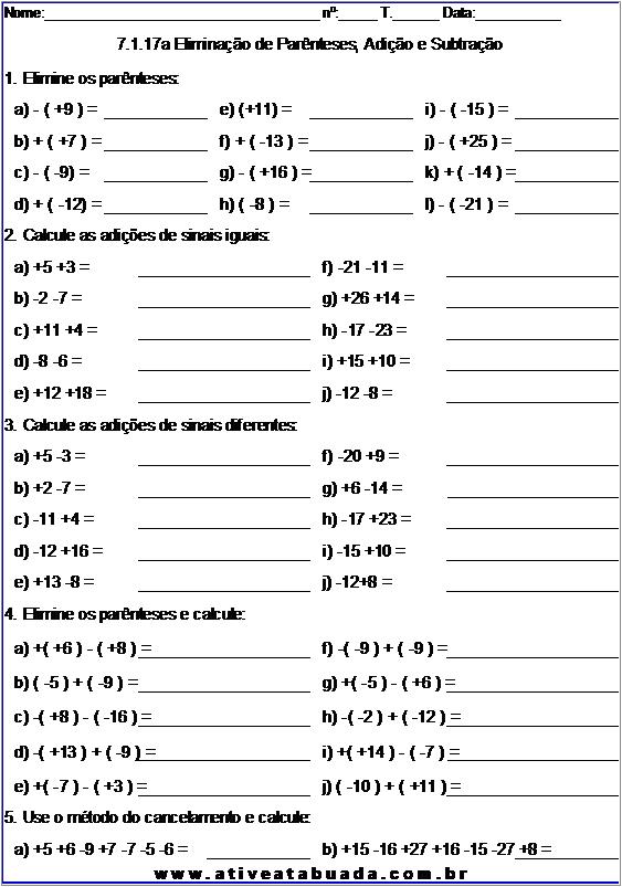 Atividade 7.1.17a Eliminação de Parênteses, Adição e Subtração