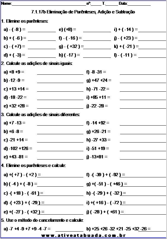 Atividade 7.1.17b Eliminação de Parênteses, Adição e Subtração