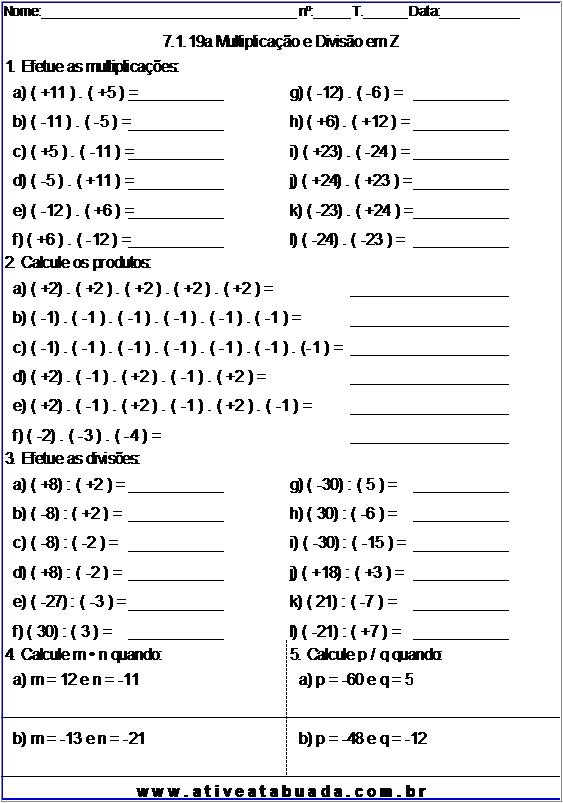 Atividade 7.1.19a Multiplicação e Divisão em Z