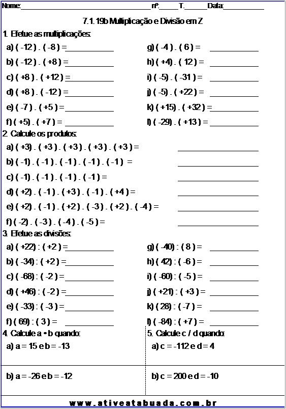 QUIZ DE MATEMÁTICA 7° ANO - Multiplicação de Números Naturais