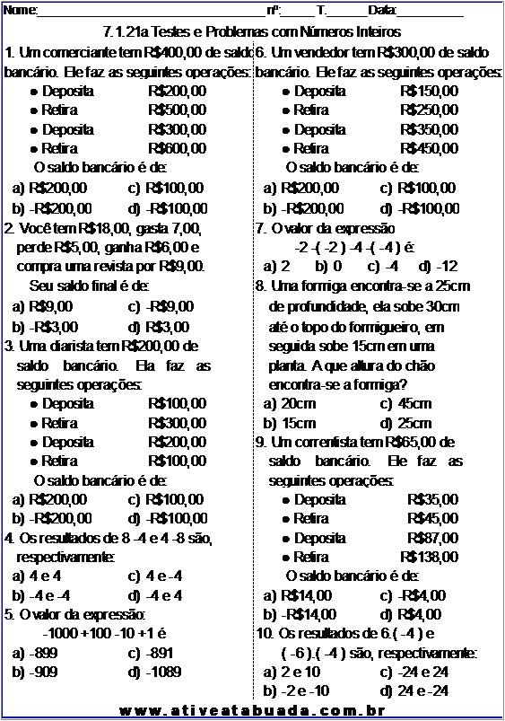 Atividade 7.1.21a Testes e Problemas com Números Inteiros