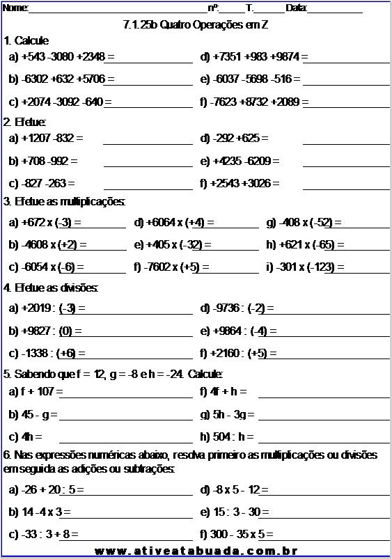 Atividade 7.1.25b Quatro Operações em Z