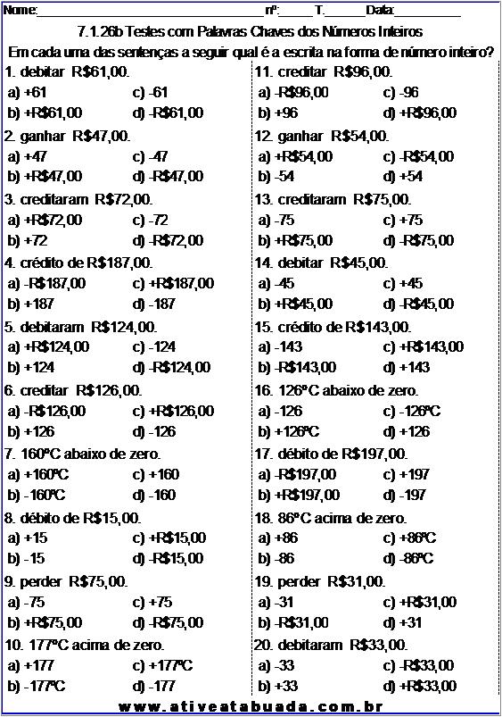 Atividade 7.1.26b Testes com Palavras Chaves dos Números Inteiros