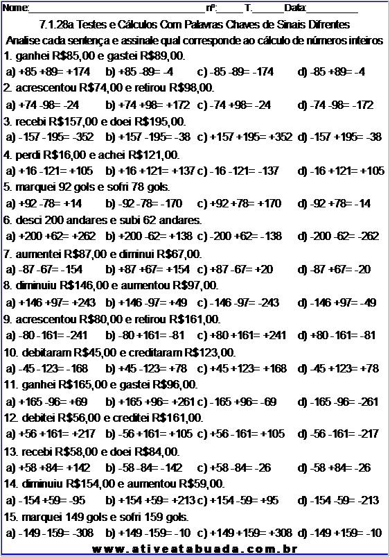 Atividade 7.1.28a Testes e Cálculos Com Palavras Chaves de Sinais Difrentes