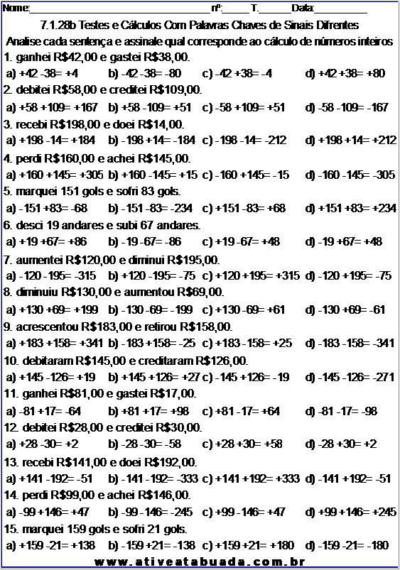 Atividades Matemáticas Com Regras de Sinais na Subtração. (-19) - (-5) =