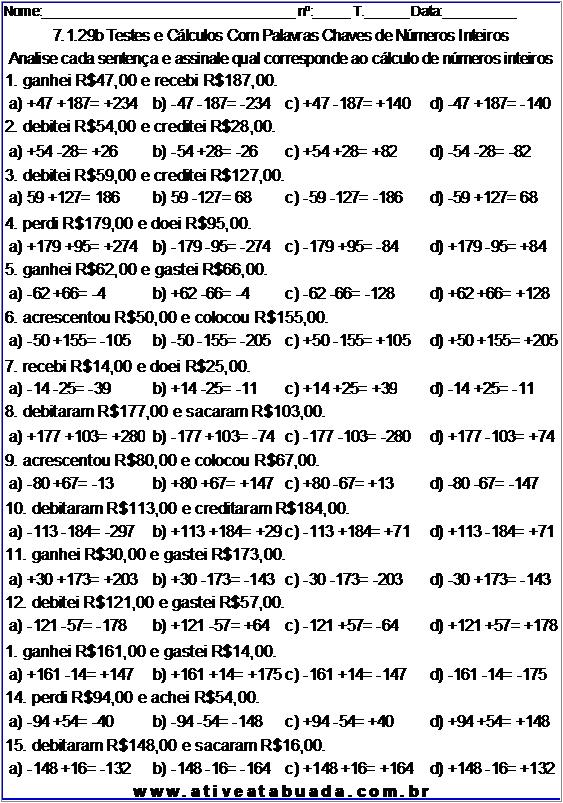 Atividade 7.1.29b Testes e Cálculos Com Palavras Chaves de Números Inteiros