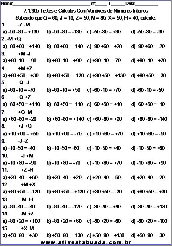Atividade 7.1.30b Testes e Cálculos Com Variáveis de Números Inteiros