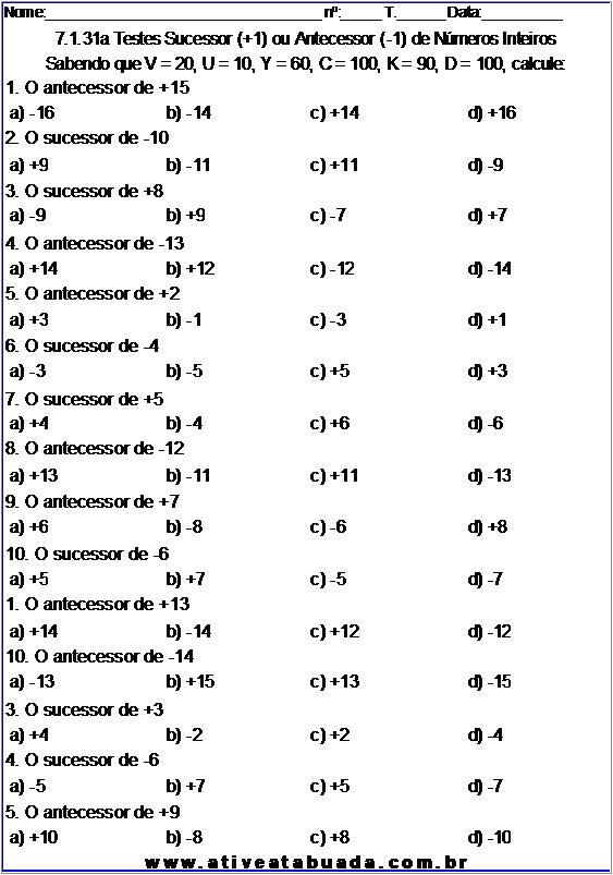 Atividade 7.1.31a Testes Sucessor (+1) ou Antecessor (-1) de Números Inteiros