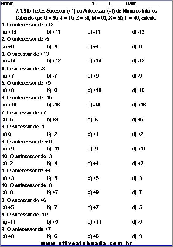 Atividade 7.1.31b Testes Sucessor (+1) ou Antecessor (-1) de Números Inteiros