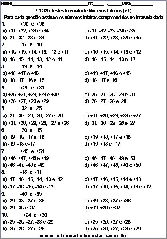 Atividade 7.1.33b Testes Intervalo de Números Inteiros (+1)